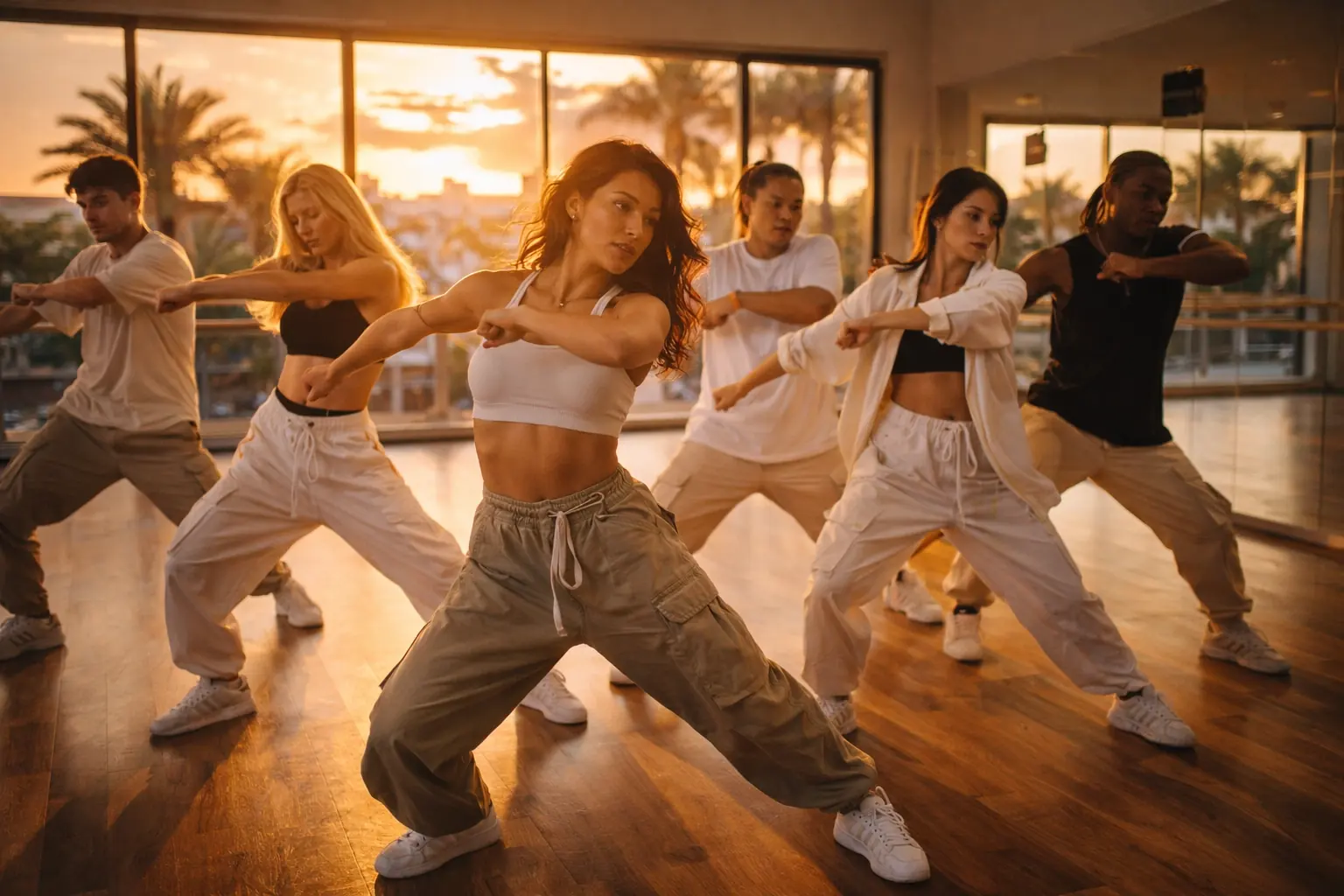 Grupo de commercial dance ensayando una coreografía en Málaga